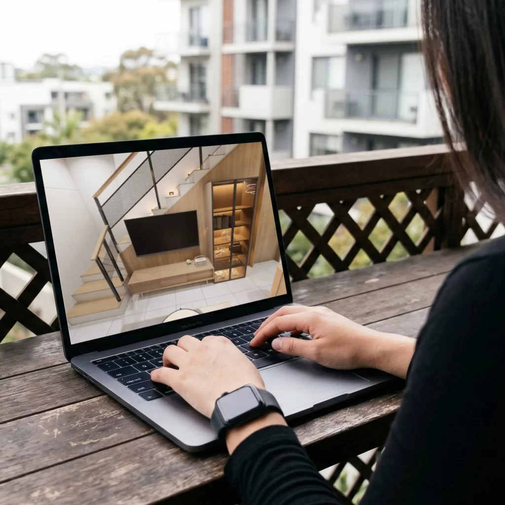 Mulher usando um laptop em uma mesa de madeira rústica visitando um tour virtual no airbnb