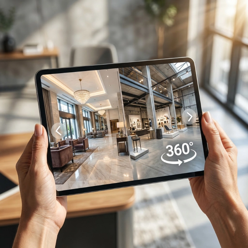 cliente acessando site com tour virtual em um tablet